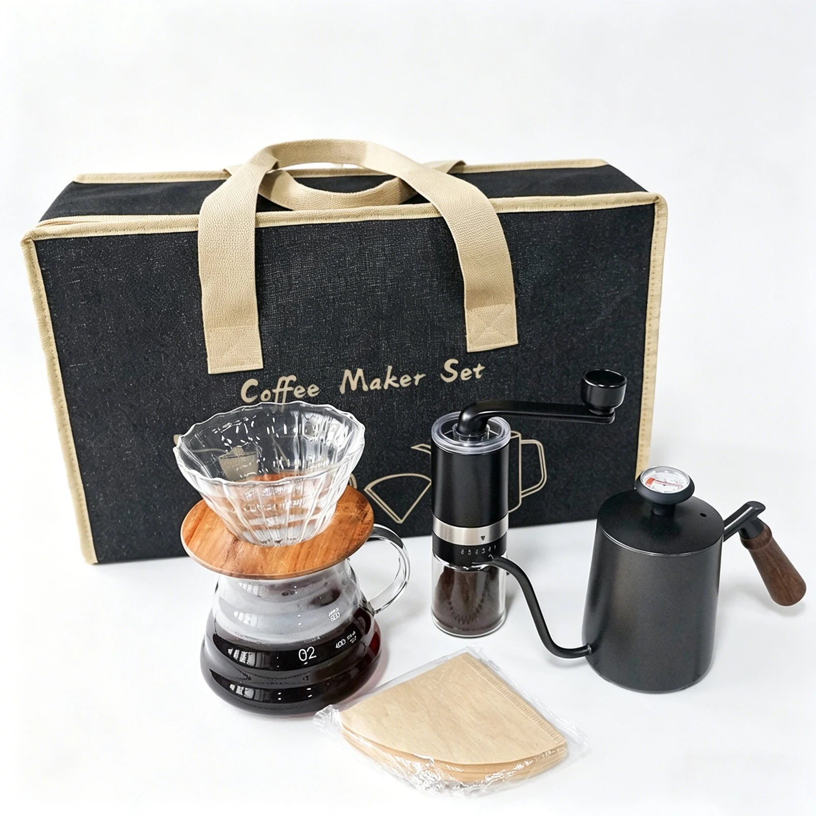 Complete Manual Pour Over Coffee Set V Shape Glass Dripper 600ml Gooseneck Kettle Kit Portable Coffee Travel Bag Barista Gift