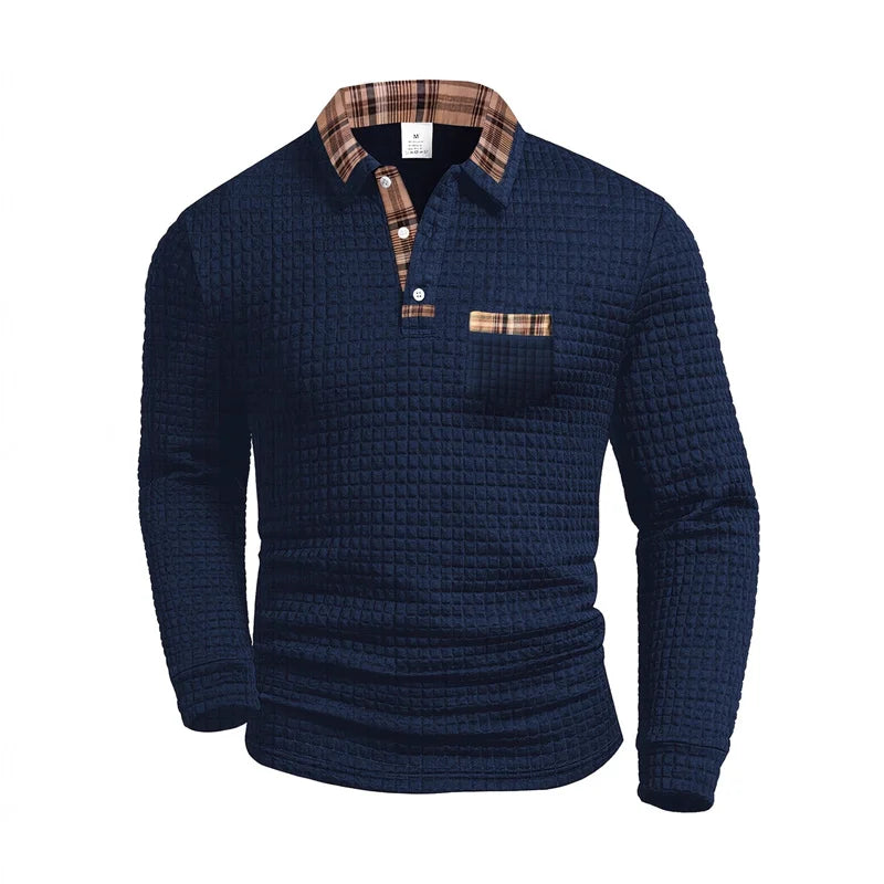 Men's casual polka dot jacquard solid color long-sleeved polo shirt, plaid patchwork collared pocket top, casual business style.