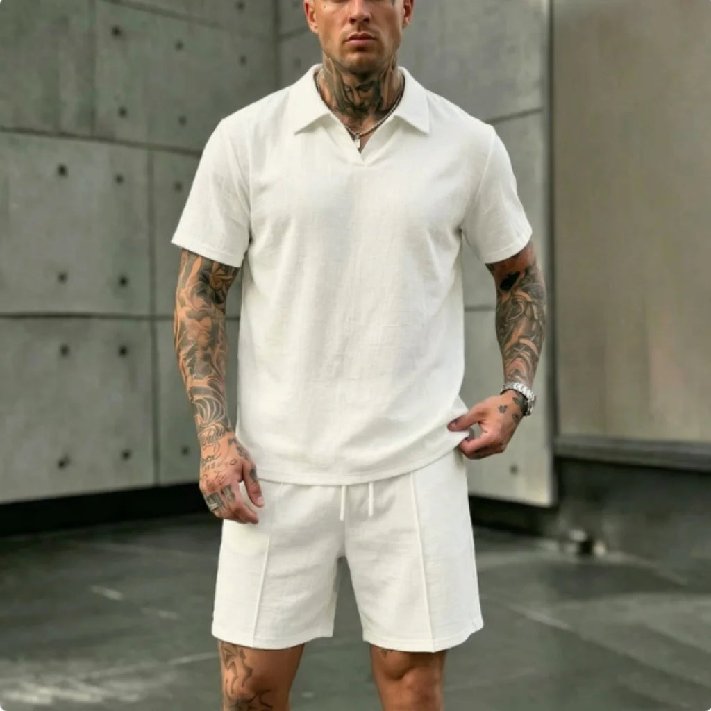 2 Pcs Sets Men's Summer Linen Polo and Shorts Simple Casual Beach Clothing Set Shirts Comfortable Hawaii Wear