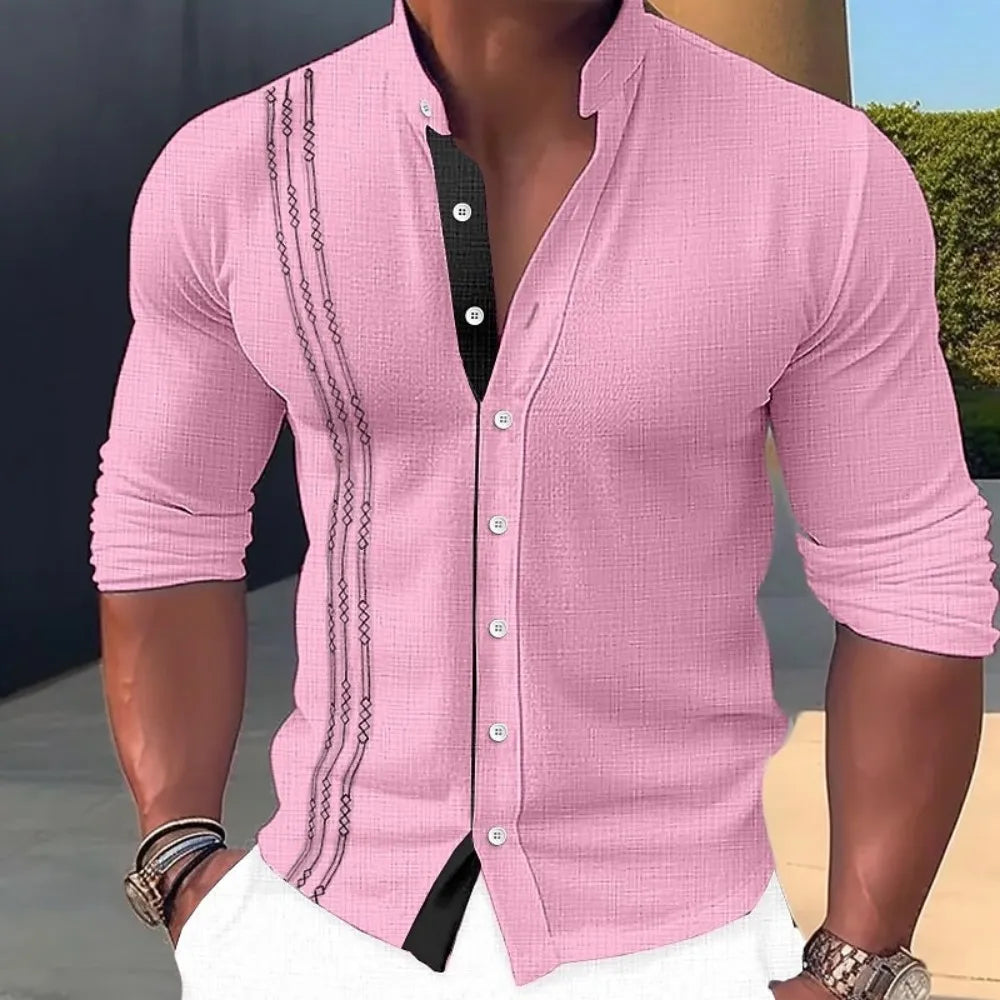 Men's linen casual shirt, loose fit, fashionable, high collar, suitable for summer wear, high collar cardigan, long sleeved, mad
