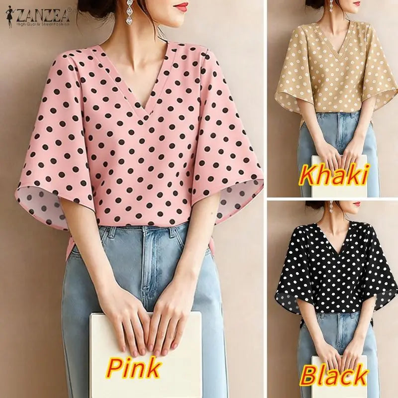 ZANZEA Elegant Woman Polka Dot Blouses Vintage V-Neck Half Bell Sleeves Loose Tops 2026 Summer Vacation Casual Blusas de Mujer