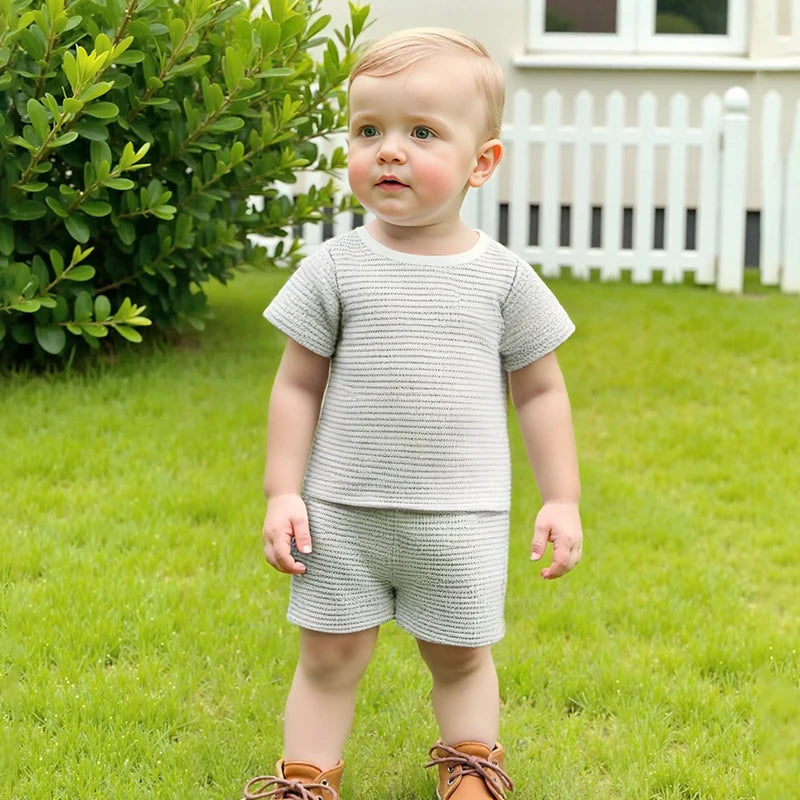 2024-12-30 Lioraitiin Toddler Baby Boys Summer Outfit Waffle Striped Short Sleeve T-shirt Elastic Waist Shorts Set