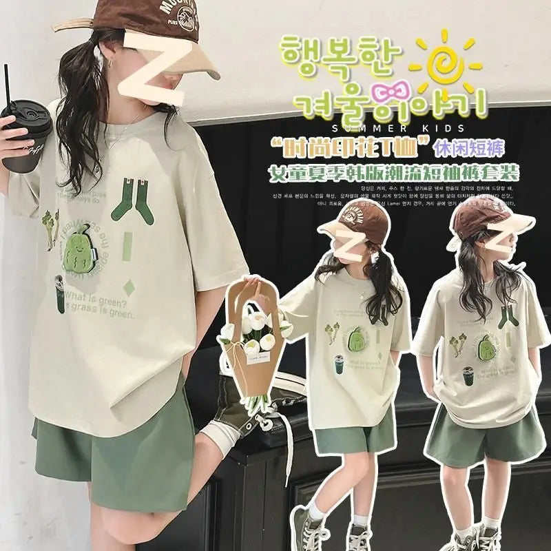Summer Teenage Girls Clothes Set Children Lemon Fruit Printed T-shirts and Shorts 2pcs Suit Kid Top Bottom Outfits Tracksuits