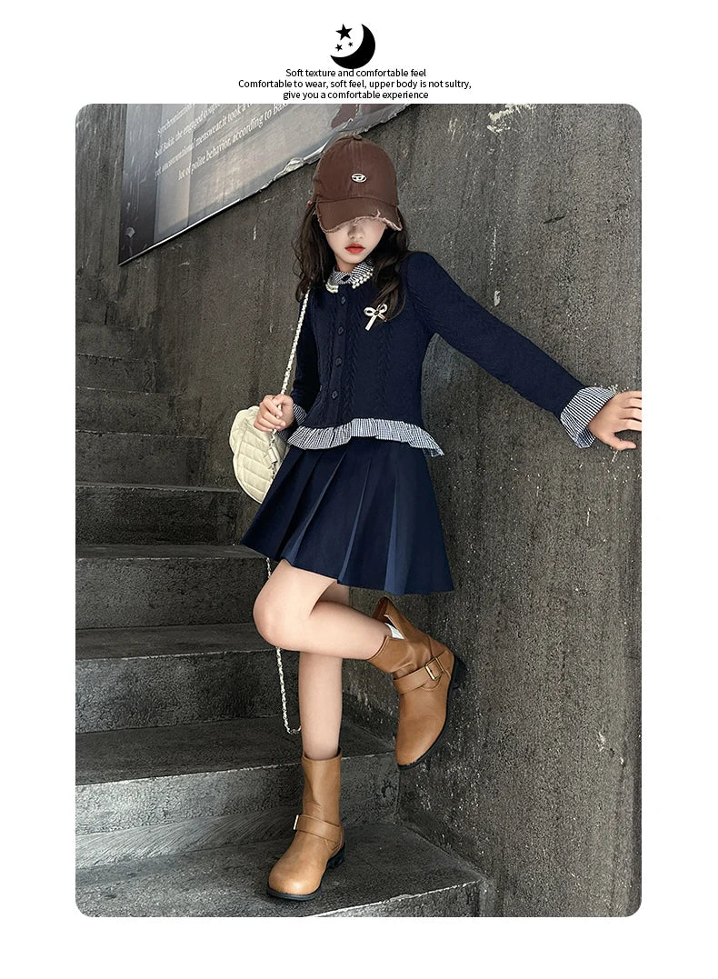 teen girls college style clothes set Striped patchwork ruffle hem tops jacket+Pleated skirt 2pcs junior kids suit child outfits