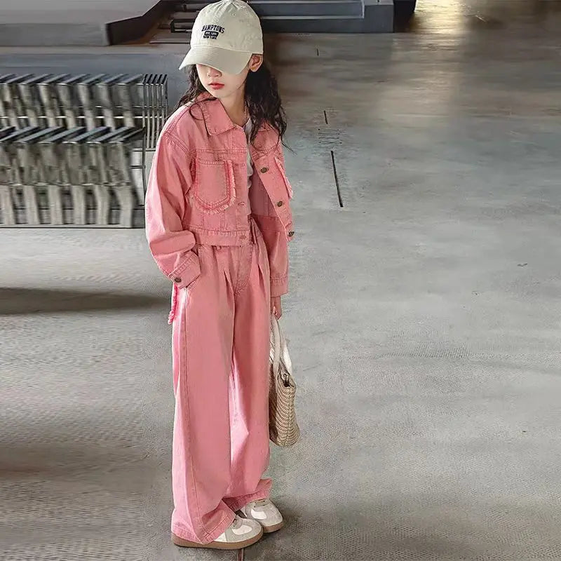 2025 Spring Autumn New Girls Clothing Set Teen Girls Solid Color Denim Jacket+Wide Leg Pants 2Pcs  For 4-12Y Kids Fashion Outfit