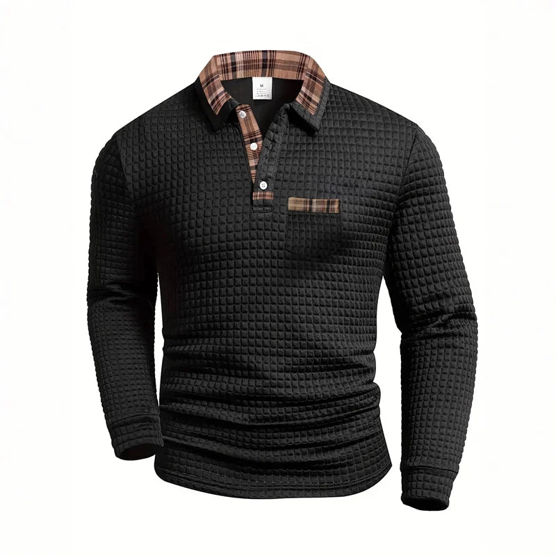 Men's casual polka dot jacquard solid color long-sleeved polo shirt, plaid patchwork collared pocket top, casual business style.