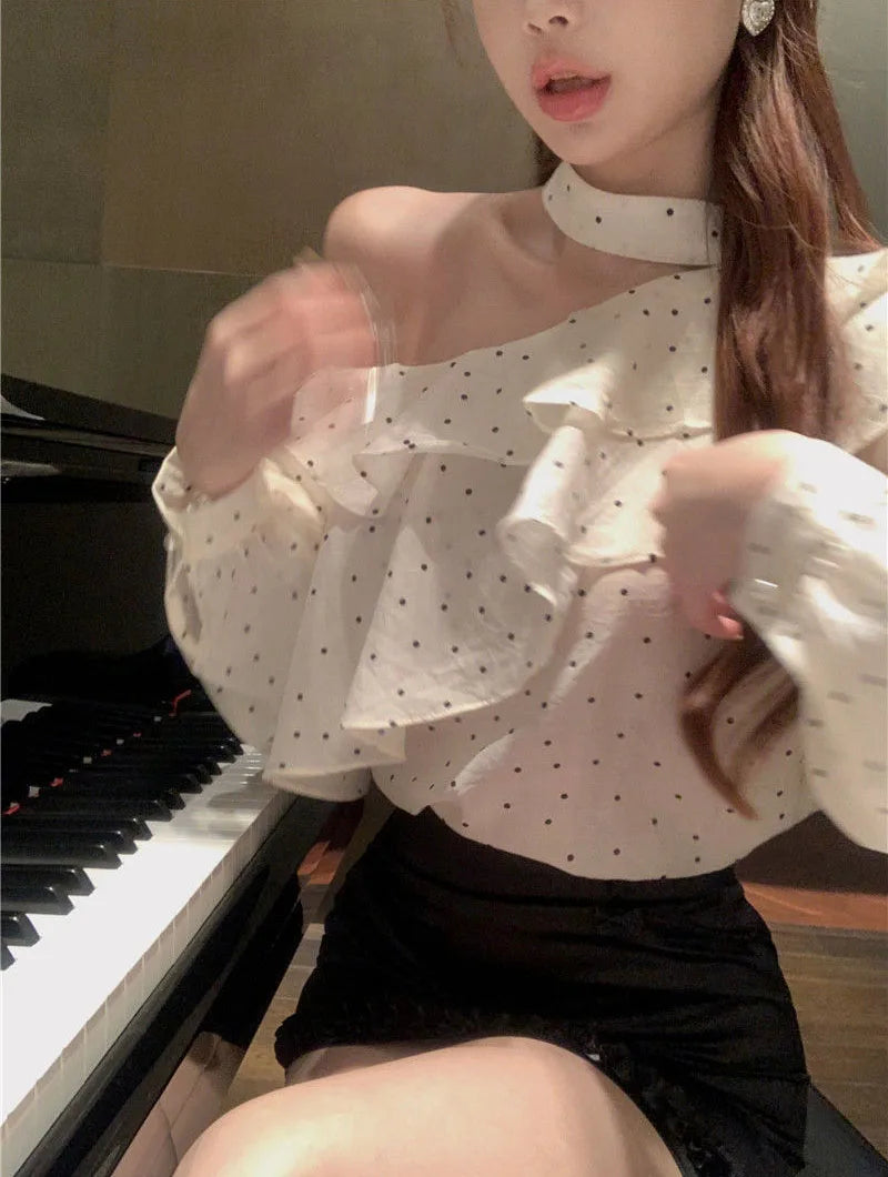 French Style Halter Neck Polka Dot Chiffon Shirts Woman Elegant Off Shoulder Ruffle Blouses Ladies Korean All-Match Trend Blusas