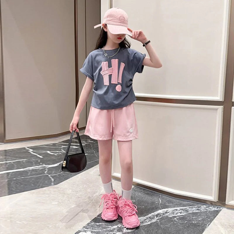 New Girls Summer Sets Children Casual Printed T-Shirt Suit Kids Short-Sleeve Top+Shorts Pcs Outfits Teenager Fashion Clothes