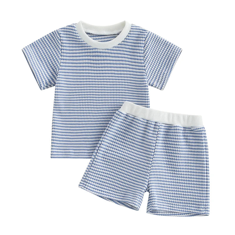 2024-12-30 Lioraitiin Toddler Baby Boys Summer Outfit Waffle Striped Short Sleeve T-shirt Elastic Waist Shorts Set