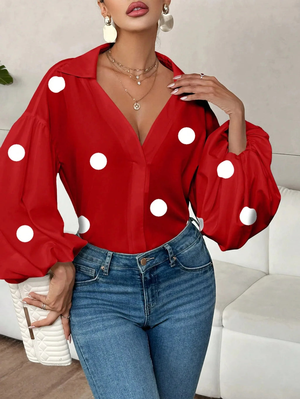Boho Women's Blouses Spring Fall New Fashion French Polka Dot Half-neck Design Loose Puff Long-sleeve Top Casual Shirts Women