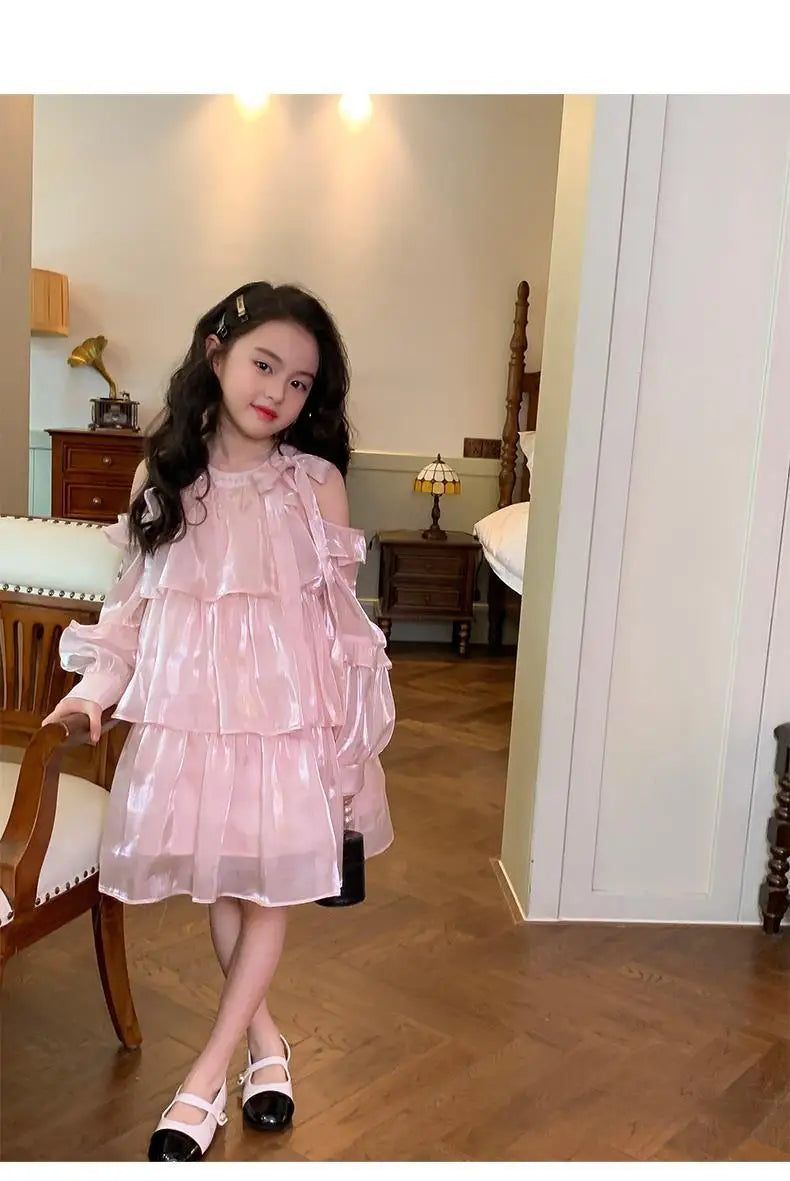 2025 Summer New Girls Dress Pink Off Shoulder Long Sleeve Halterneck Princess Dress For 2-10 Years Teen Girls Grace Fashion Dres