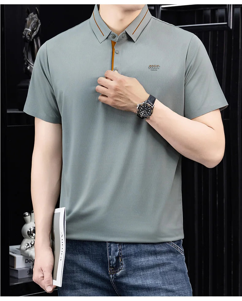 Luxury brand ice silk short sleeve polo shirt men's summer fashion letter embossed comfort breathable leisure high-end T-shirt