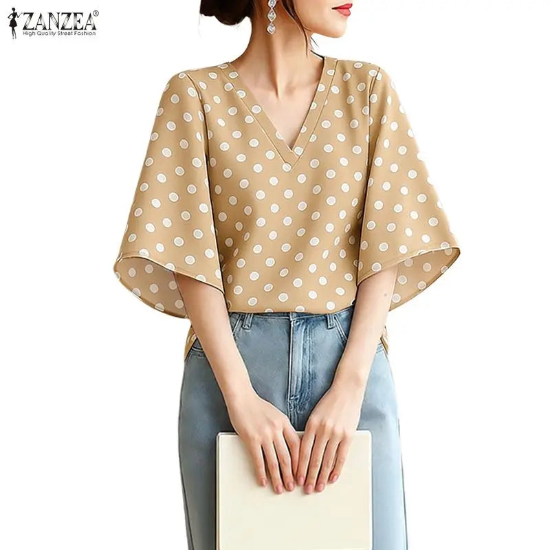 ZANZEA Elegant Woman Polka Dot Blouses Vintage V-Neck Half Bell Sleeves Loose Tops 2026 Summer Vacation Casual Blusas de Mujer