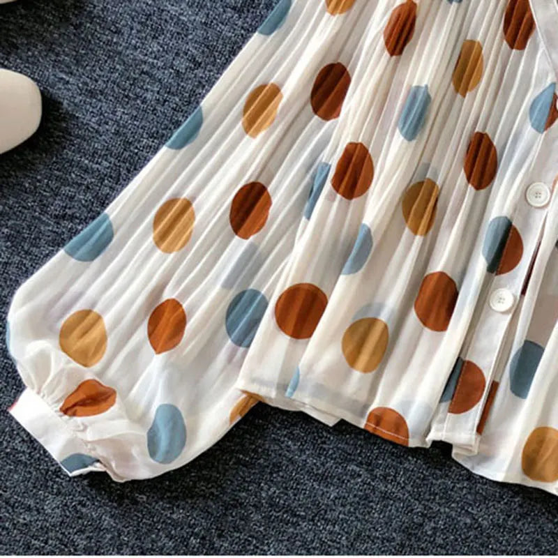 Polka Dot Casual V-Neck Chiffon Single Breasted Lantern Sleeve Folds Women's Blouse Shirt Female Clothing Tops 2024 Fashion
