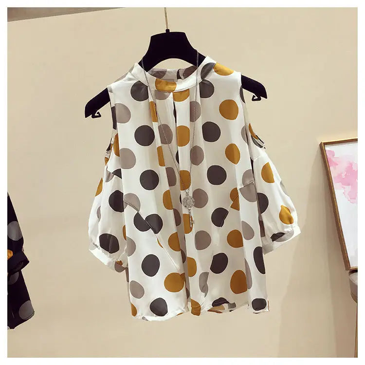 Oversize Summer Polka Dot Printed Chiffon Blouses Women Round Neck Patchwork Short Sleeve Shirt Off Shoulder Tops Female Clothes