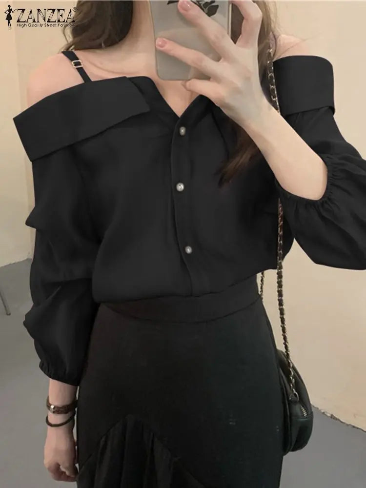 ZANZEA 2025 Fashion Shirts Women Sexy Off Shoulder Blouse Summer Casual Straps Button Tops Long Sleeve Pleated Solid Loose Tunic