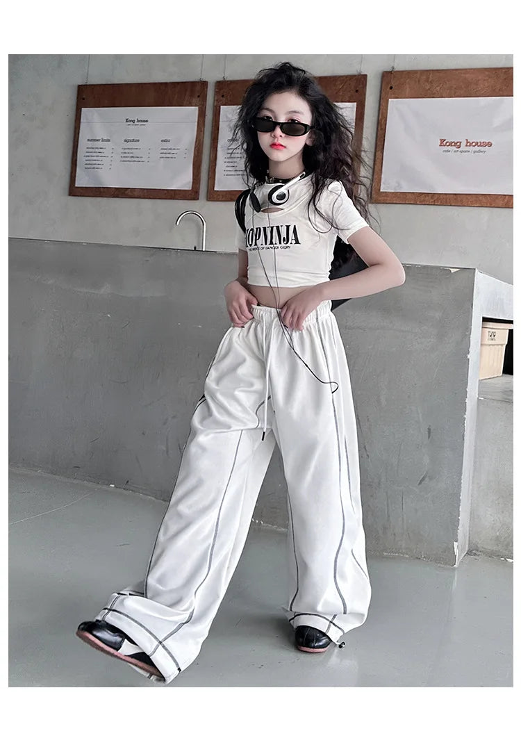 Summer teen girl Hip Hop Jazz Street Dance Costume Suit Cool Print Hollow Short T-shirt+Casual Sports Pants Set Child Outfits