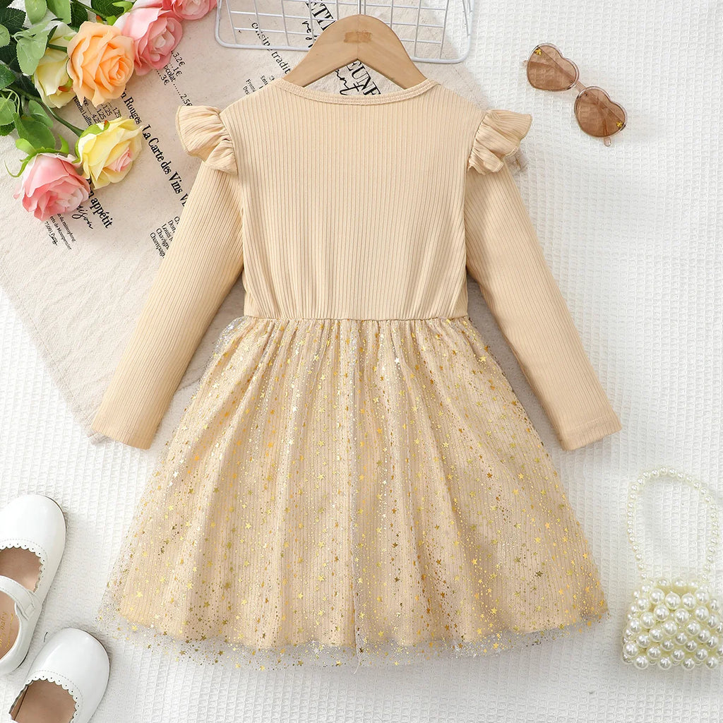 Girl Elegant  Temperament Dress Solid Color Star Chiffon Fashiona Dress for 1-6 Year old Girls  Spring  Autumn Party Dress