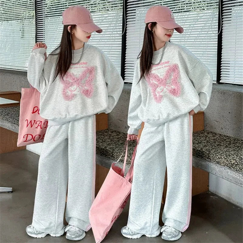 New Girls Tracksuit Sets Autumn Spring Kids Lace Butterfly Sweatshirt+Pants 2Pcs Teen Loose Sports Suits Children Casual Outfits