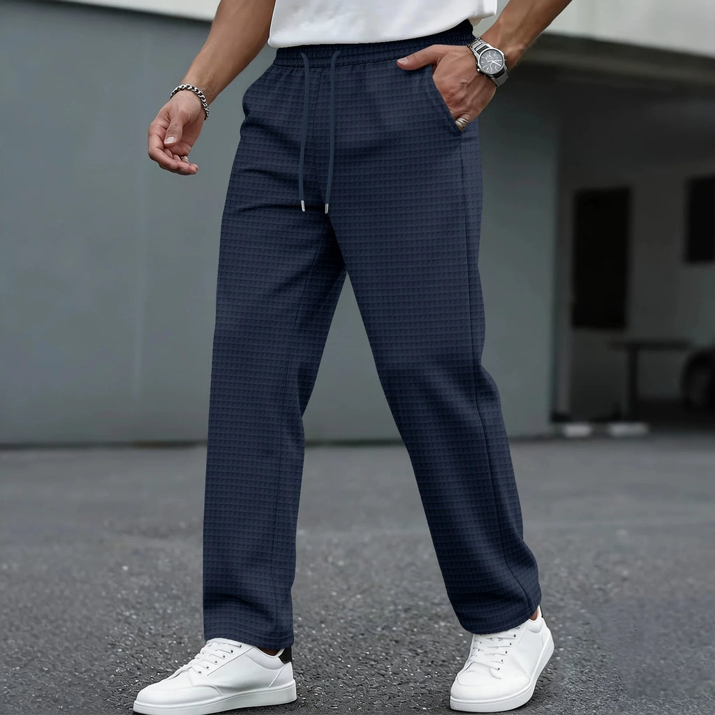 Men's new wide-checkered drawstring casual pants - lightweight, breathable, solid color, comfortable straight-leg trousers