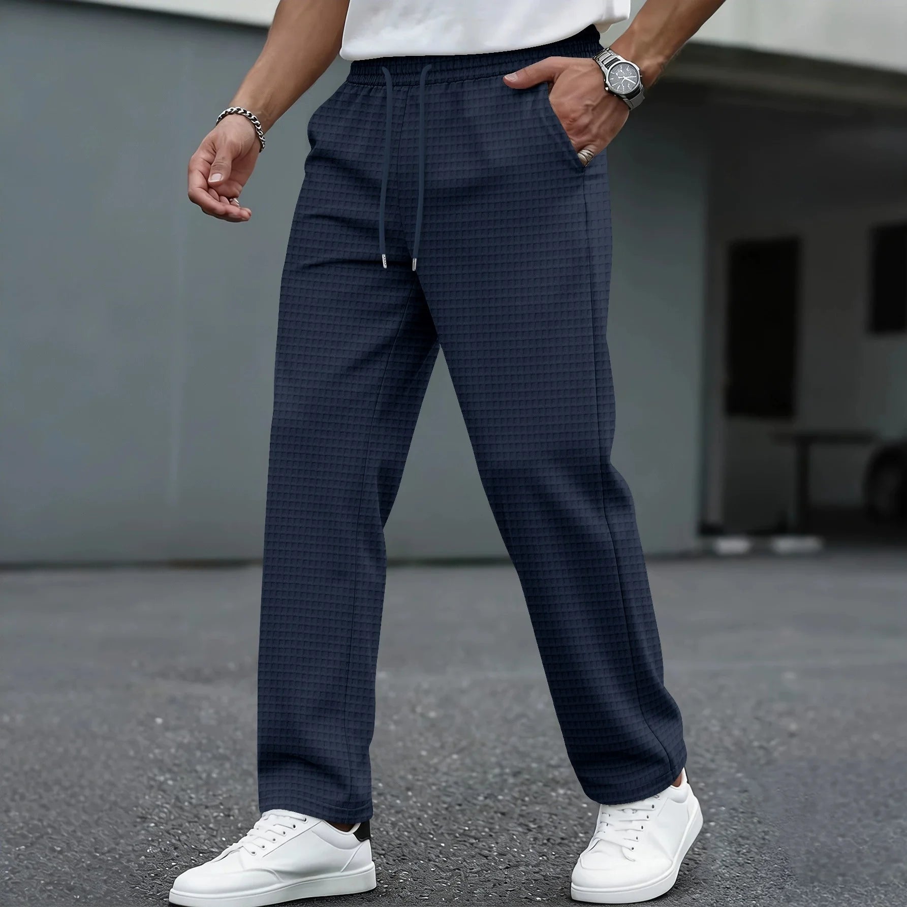 Men's new wide-checkered drawstring casual pants - lightweight, breathable, solid color, comfortable straight-leg trousers