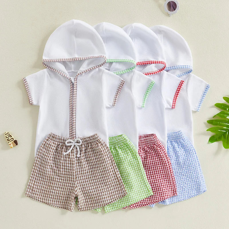 Toddler Kids Baby Girls Boys Summer Clothing Sets Short Sleeve Zipper Hood Tops with Plaid Print Shorts Beach Cover Up Outfits