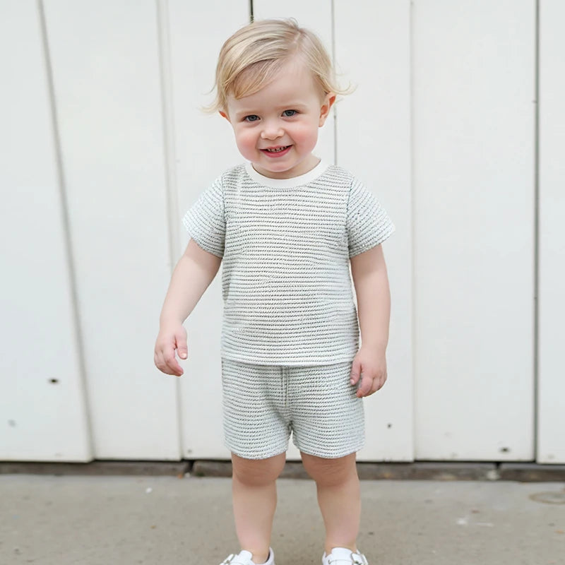 2024-12-30 Lioraitiin Toddler Baby Boys Summer Outfit Waffle Striped Short Sleeve T-shirt Elastic Waist Shorts Set