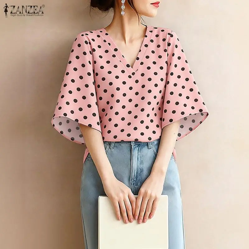 ZANZEA Elegant Woman Polka Dot Blouses Vintage V-Neck Half Bell Sleeves Loose Tops 2026 Summer Vacation Casual Blusas de Mujer