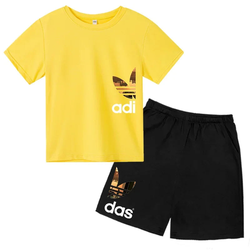 Summer 3-13Y Kids Fashion Creative Sports Outdoor Print Short Sleeve T-Shirt & Shorts Set - Stylish Children's 2-Piece Activewea