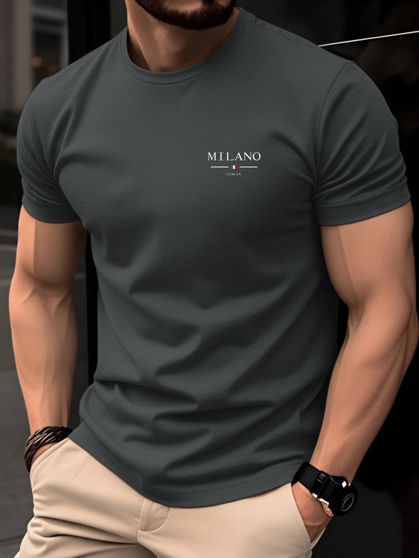 100% pure cotton men's summer casual sports fashionable loose MILANO ITALIA pattern printed round neck short sleeved T-shirt top