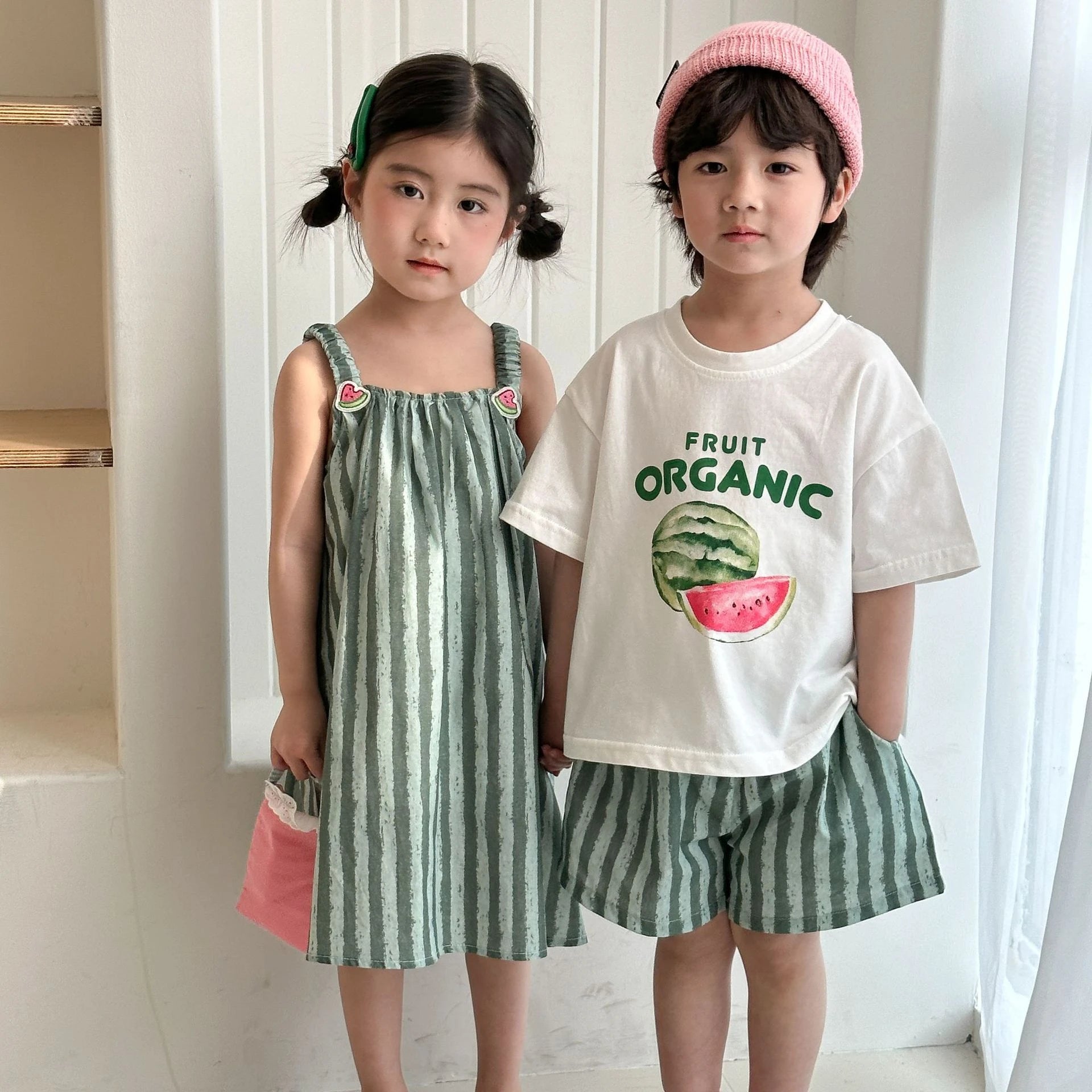 Children Clothes 2025 Summer New Cotton Stripe Baby Girl Suspender Dress Or Boy's Suit Brother And Sister Clothes