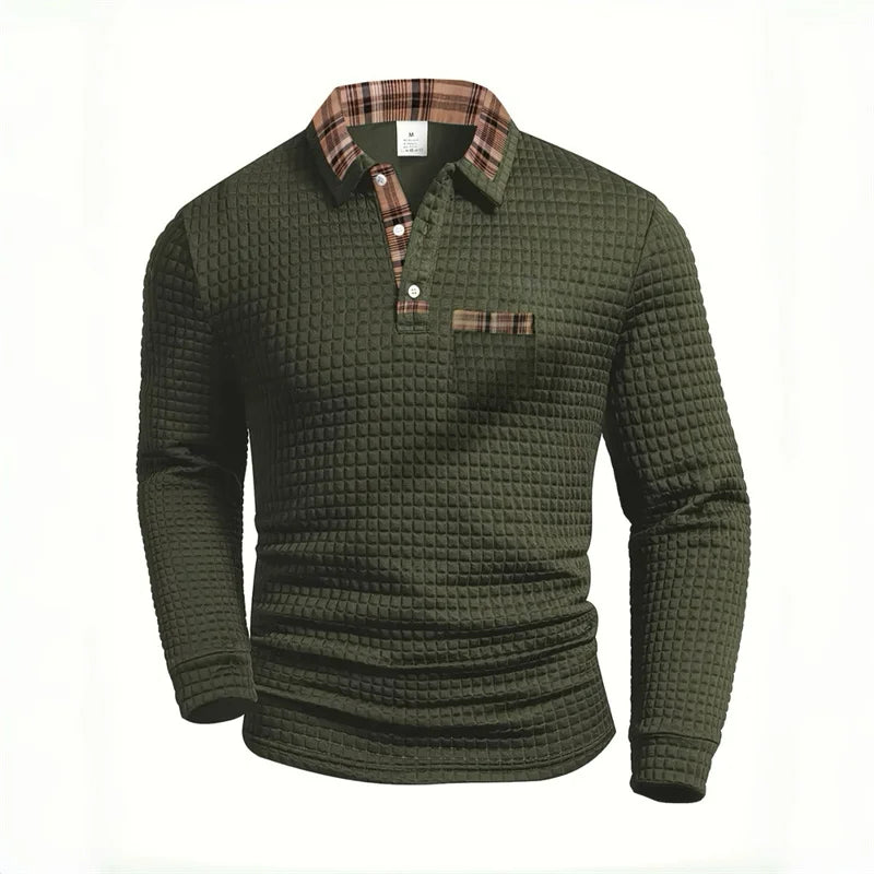 Men's casual polka dot jacquard solid color long-sleeved polo shirt, plaid patchwork collared pocket top, casual business style.