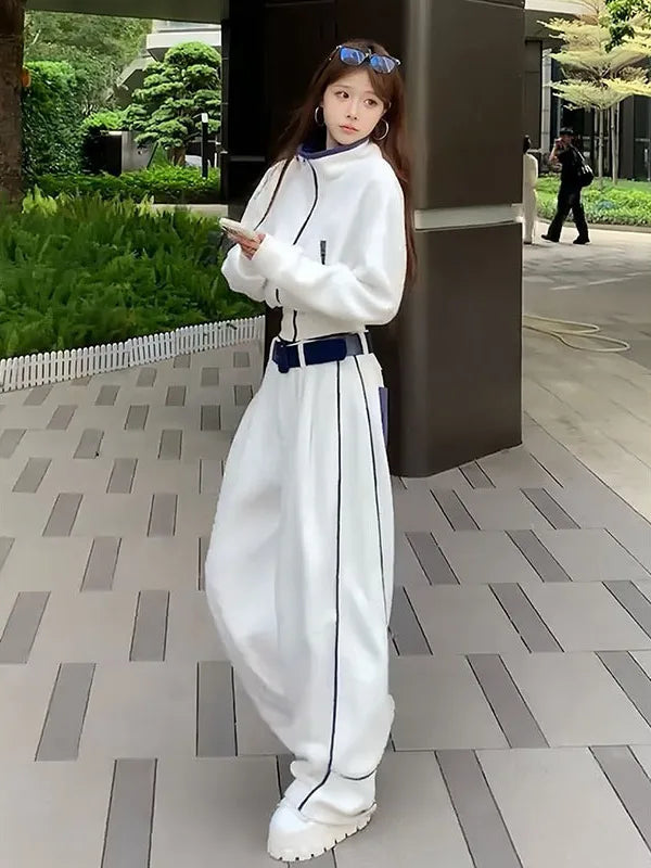 Korean Style Fashionable Set Women's Autumn Winter Design Collar Top Wide Leg Pants Two Piece Set Casual High Waist Polyester...