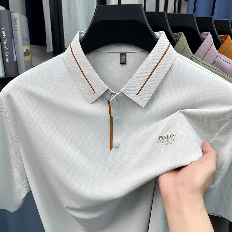 Luxury brand ice silk short sleeve polo shirt men's summer fashion letter embossed comfort breathable leisure high-end T-shirt