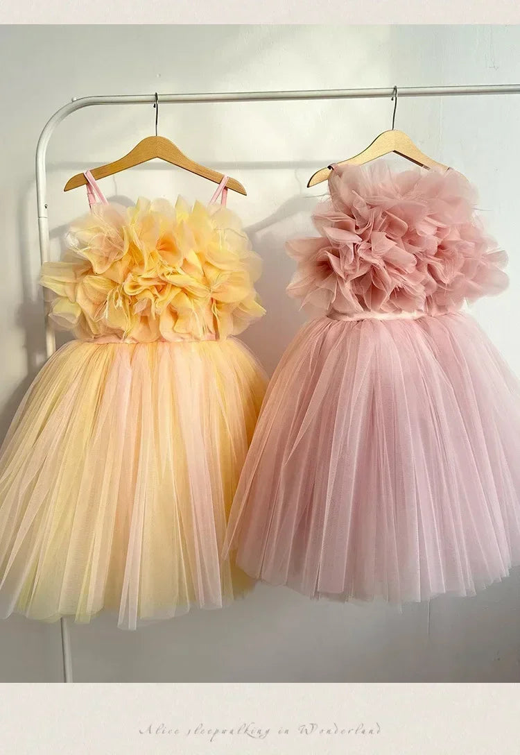 Girl Clothes Children's Flower Dress Wedding Princess Dresses Little Girls Pink Blue Strap Tulle Tutu Skirt Purple Spaghetti