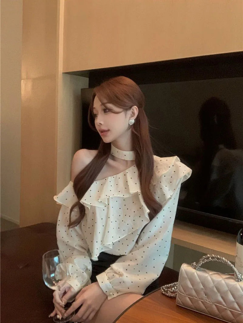 French Style Halter Neck Polka Dot Chiffon Shirts Woman Elegant Off Shoulder Ruffle Blouses Ladies Korean All-Match Trend Blusas