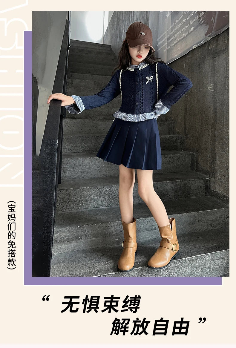 teen girls college style clothes set Striped patchwork ruffle hem tops jacket+Pleated skirt 2pcs junior kids suit child outfits