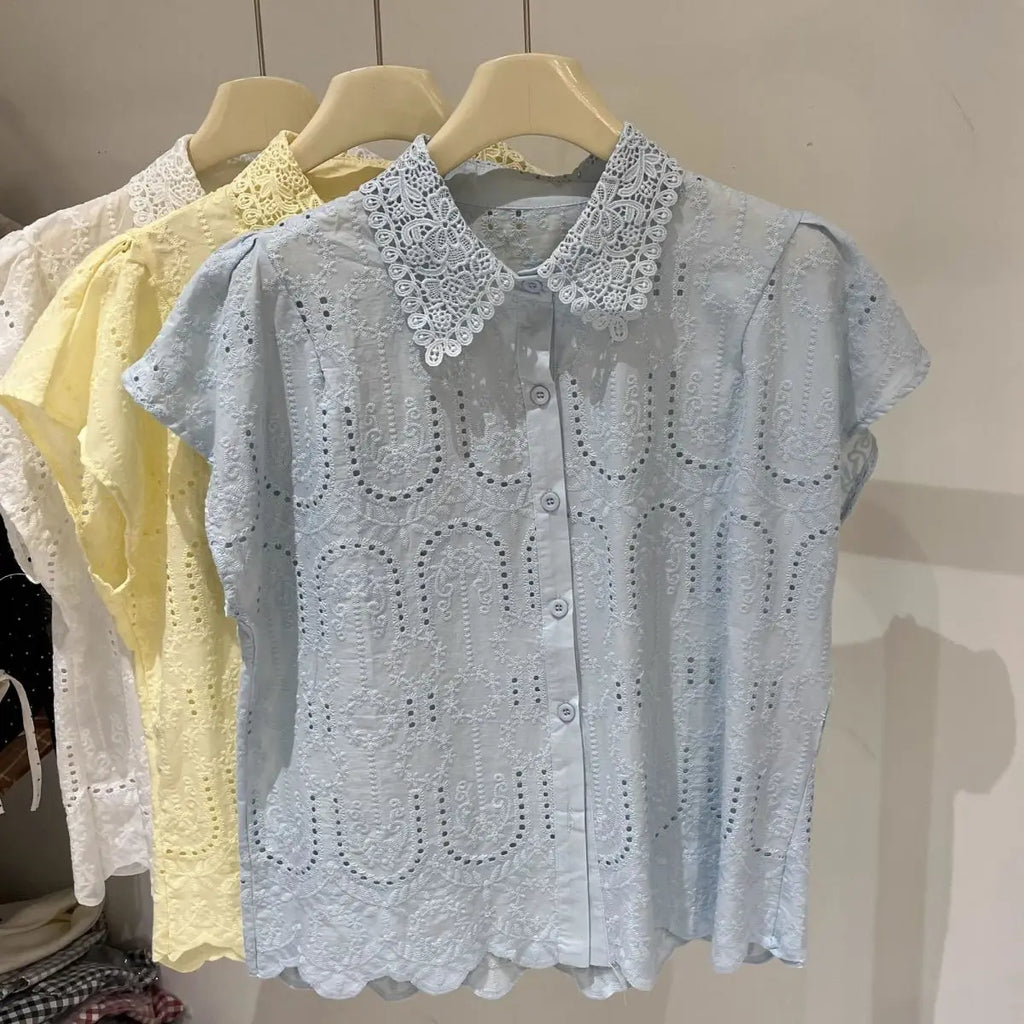 Elegant European Summer 2025 New Design Sense Small Hollow out Embroidery  Collar Top Versatile Match Korean Style Loose Fit