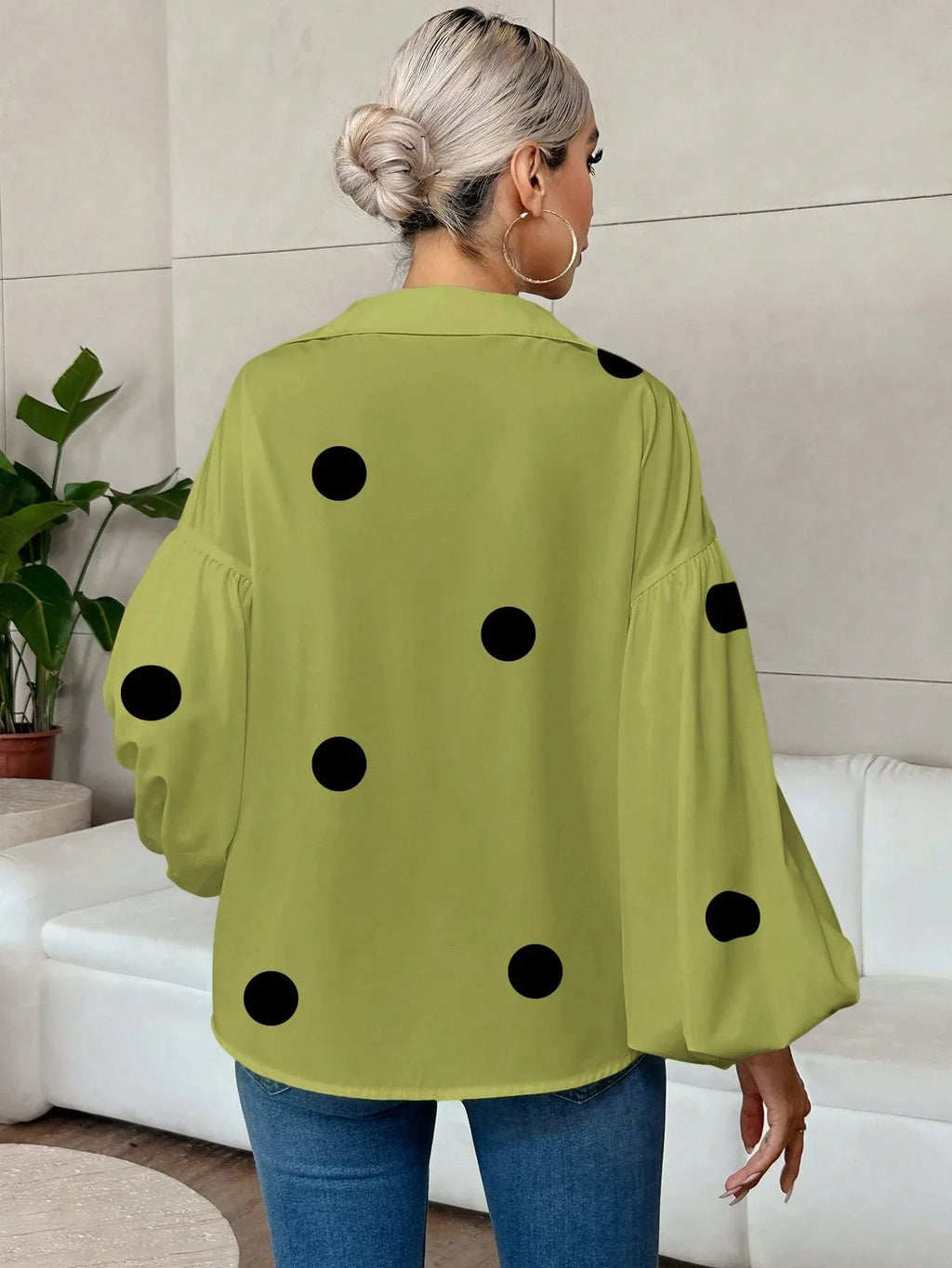 Boho Women's Blouses Spring Fall New Fashion French Polka Dot Half-neck Design Loose Puff Long-sleeve Top Casual Shirts Women