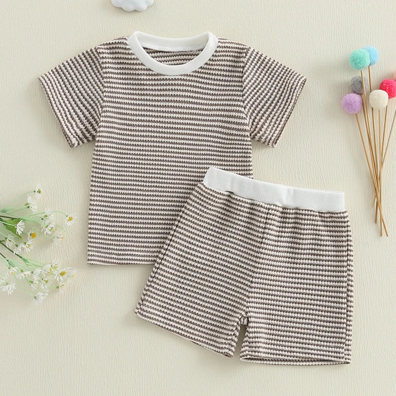 2024-12-30 Lioraitiin Toddler Baby Boys Summer Outfit Waffle Striped Short Sleeve T-shirt Elastic Waist Shorts Set