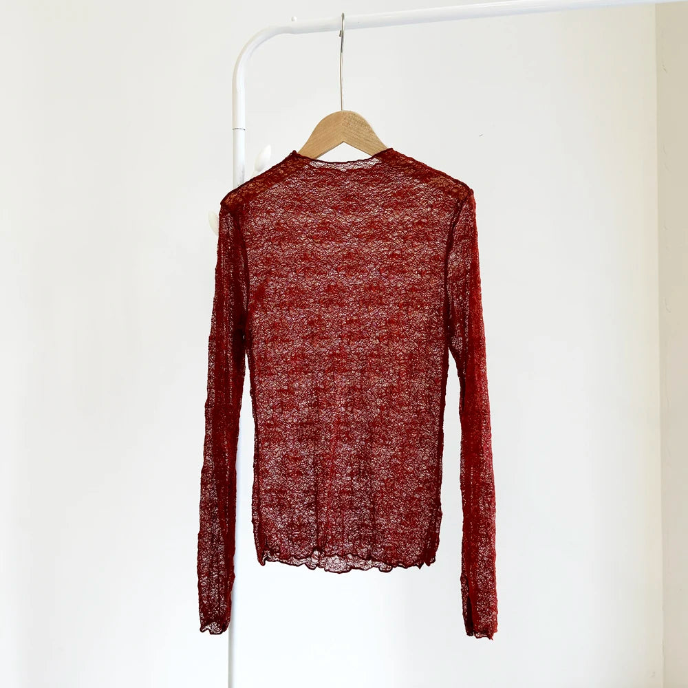 Sexy Lace Shirt Half High Collar Mesh Thin Long Sleeve Floral Embroidery Slim Fit Top Transparent Design Fashionable Spring 2024