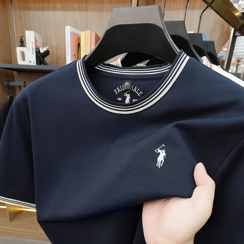 Summer New Cotton Men's Light Luxury Embroidered Versatile Round Neck Loose Short Sleeved Top