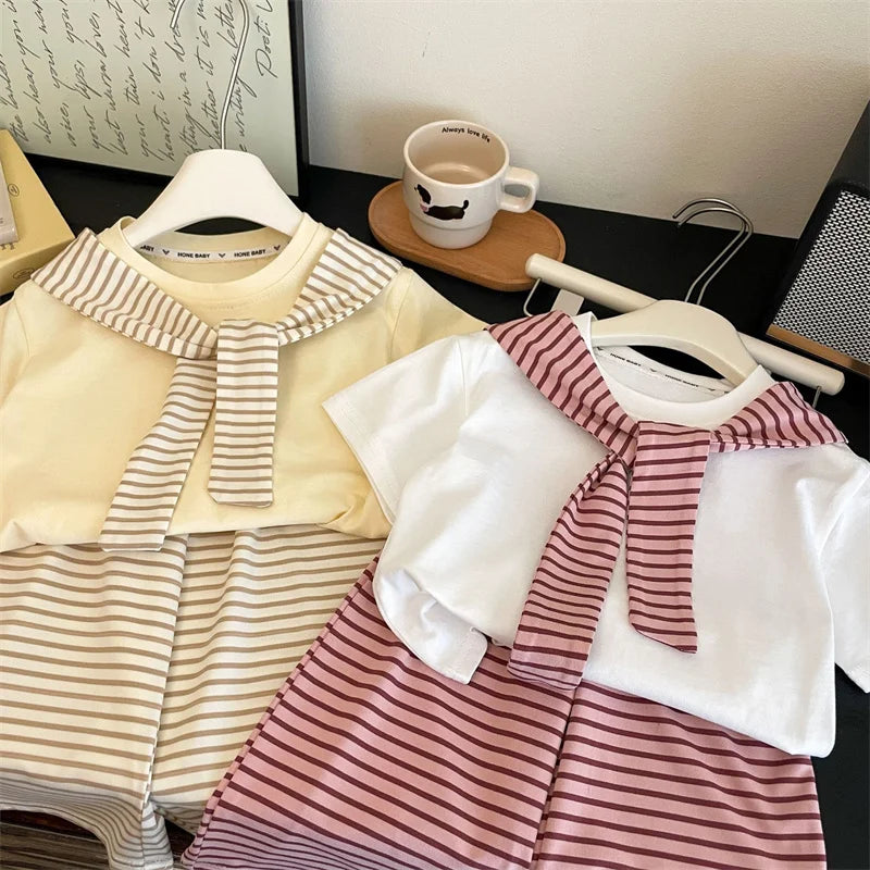 New Girls Summer Sets Children Casual Printed T-Shirt Suit Kids Short-Sleeve Top+Shorts Pcs Outfits Teenager Fashion Clothes