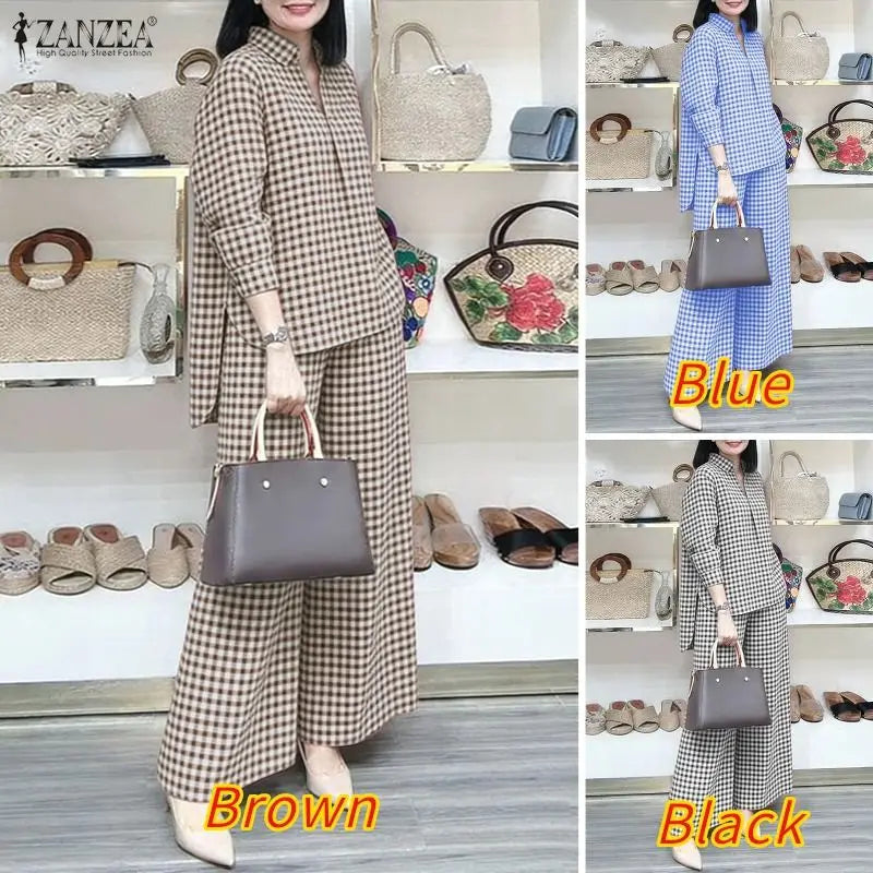 ZANZEA Women's Gingham Pant Suits Collared Long Sleeve High-Low Blouse & Wide Leg Pant 2 Pieces Sets Streetwear Casual Outfits