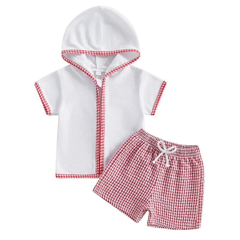 Toddler Kids Baby Girls Boys Summer Clothing Sets Short Sleeve Zipper Hood Tops with Plaid Print Shorts Beach Cover Up Outfits