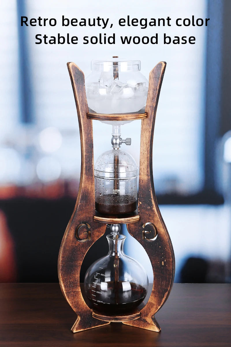 Home Wooden Stand Borosilicate Glass Ice Drop Pot Iced Cold Tower Drip Commercial Cold Brew Coffee Maker