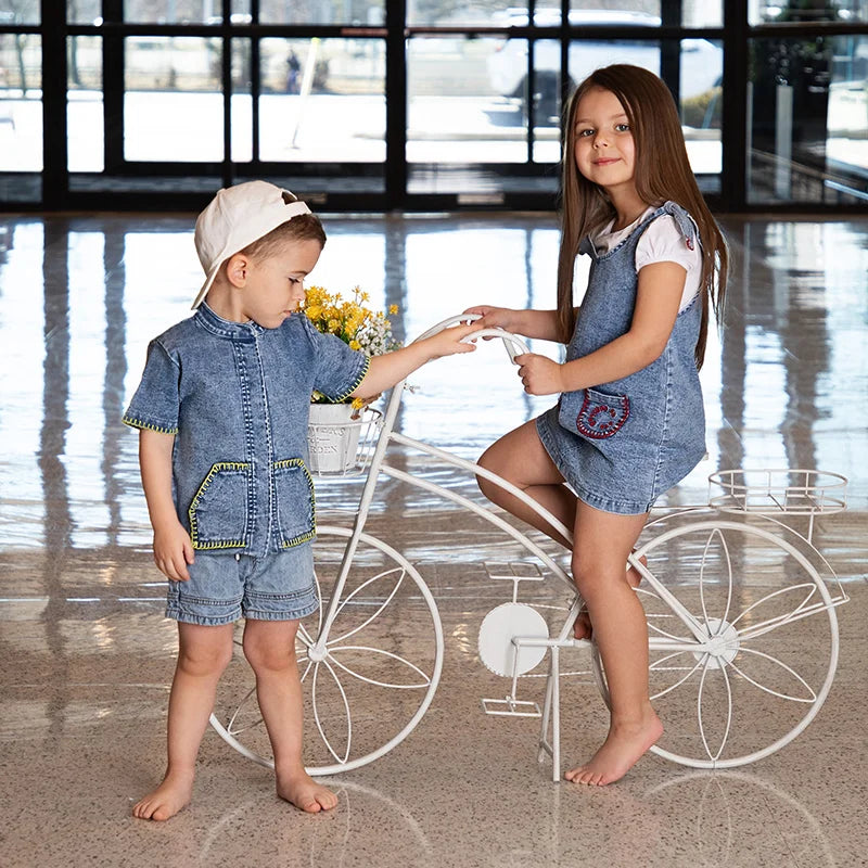 6m-12t 2024 New Summer Spring Denim Famliy Clothing Set Girls Suspender Dress Skirt Baby Sleeveless Romper Overall Boys Shirt