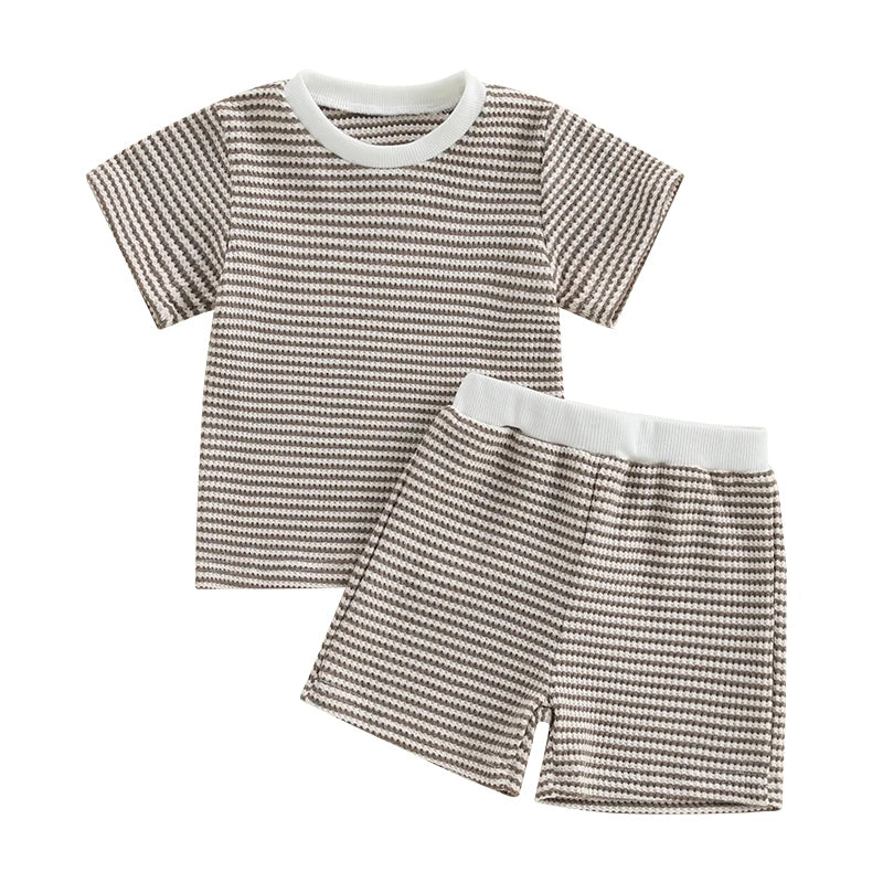 2024-12-30 Lioraitiin Toddler Baby Boys Summer Outfit Waffle Striped Short Sleeve T-shirt Elastic Waist Shorts Set