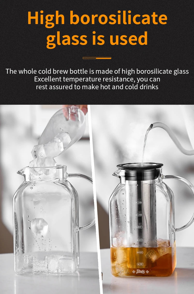 Bincoo 1200ML Glass Cold Brew Coffee Pot with double-layer Filter Cups Water Bottle Extracted Espresso Coffee Maker Juice Kettle