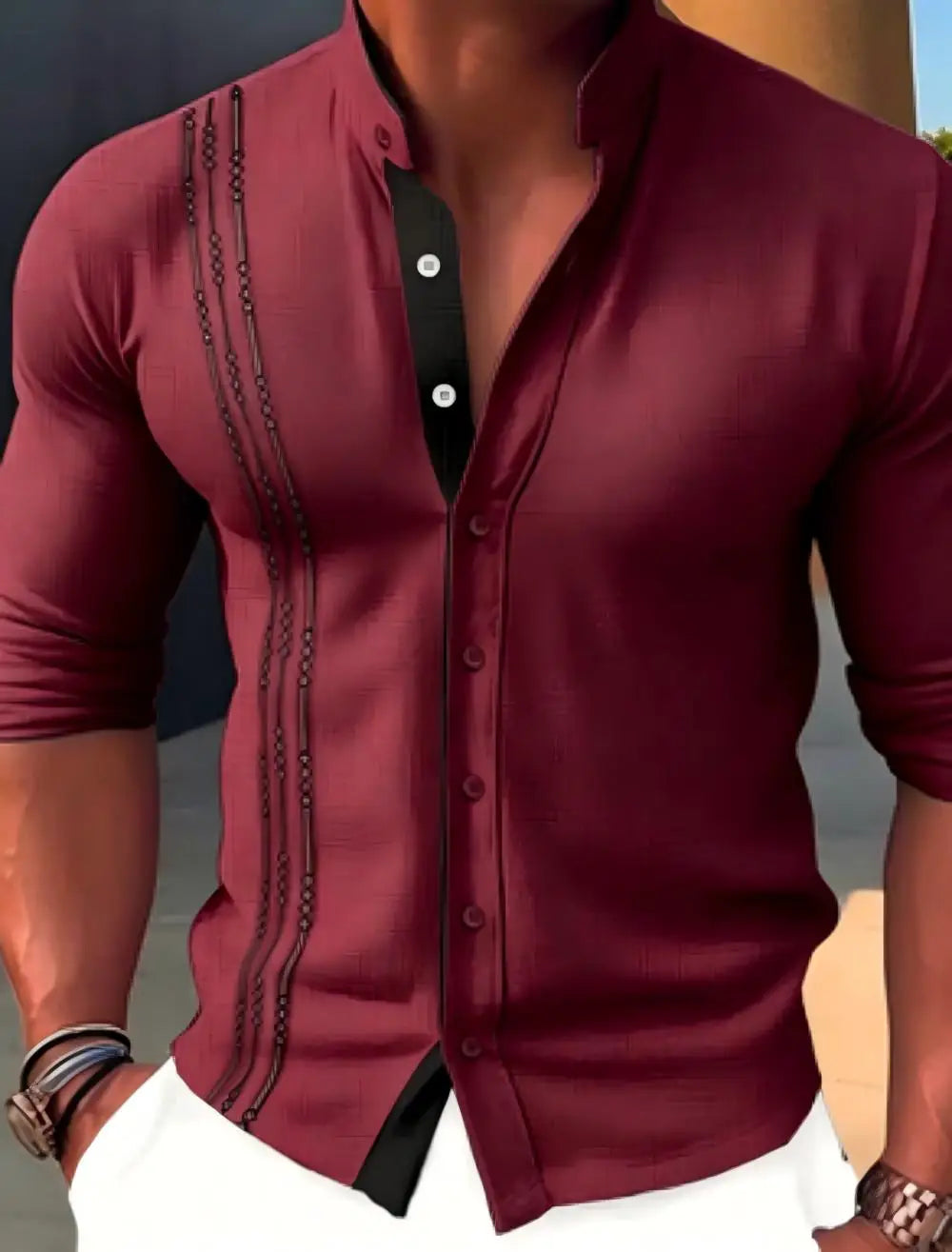Men's linen casual shirt, loose fit, fashionable, high collar, suitable for summer wear, high collar cardigan, long sleeved, mad